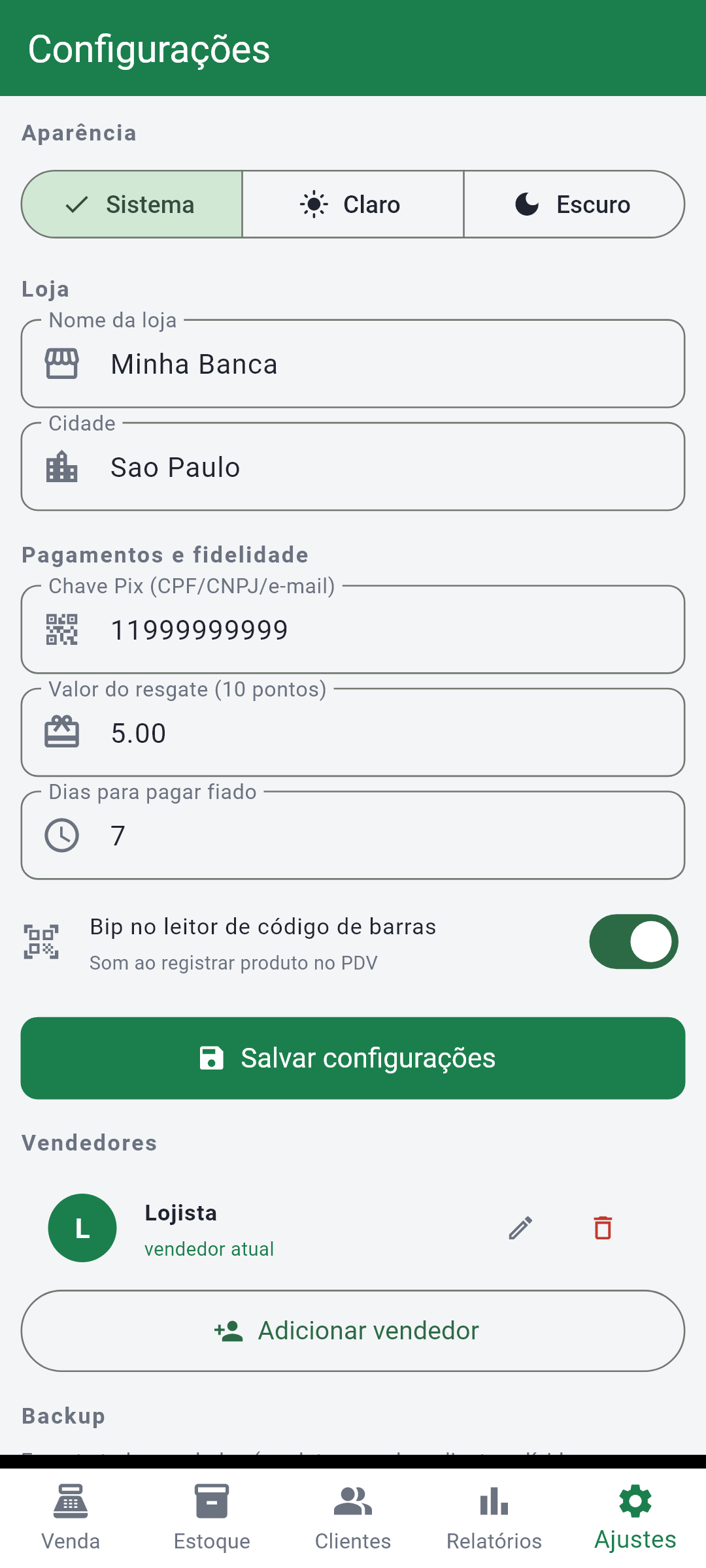 Tela de ajustes do RuaVend